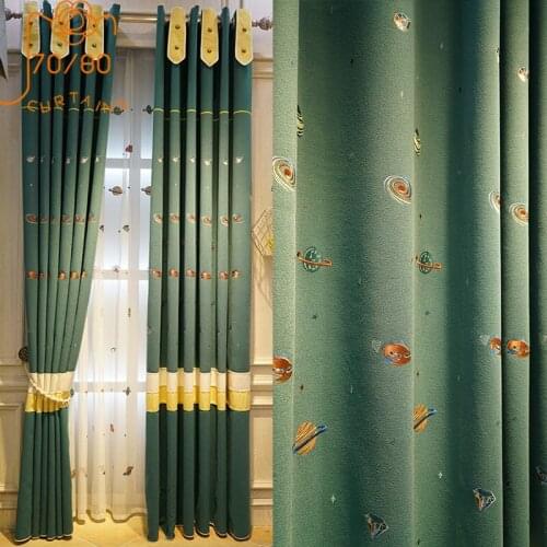 Cute Childrens Room Embroidered Stitching Blackout Curtains for Boy Bedroom Bay Window Custom Finished Window Screen