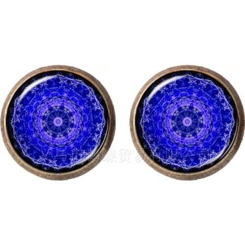 Trendy OM Yoga Earrings Chakra Mandala 12mm Glass Dome Jewelry Sacred Geometric Pattern Stud Earrings For Women Girls Gift