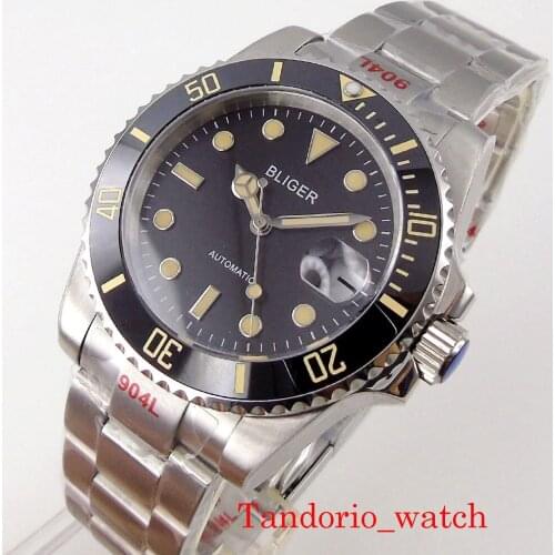 40mm Bliger 21 Jewels Miyota 8215 Movement Men Wristwatch Black Sterile Dial Sapphire Glass Stainless Steel Date Indicator