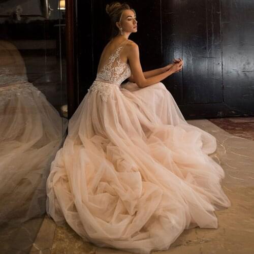 Charming Double V-neck A Line Wedding Dress Backless Bride Dress 2020 Lace Long Boho Bridal Gown Vestidos de Novia