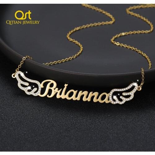 Personalized Iced Out Angel Wings Name Necklace Customized Name Necklace Charm Gold Stainless Steel Jewelry name Gifts for Women