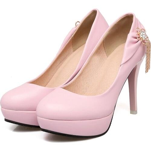 PQECFS Big size 31-45 high quality spring & autumn women solid metal decoration platform high heels pumps 3 colors