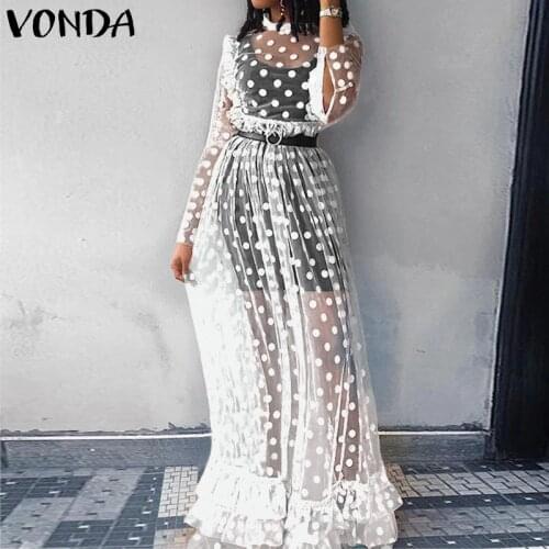 VONDA Holiday Lace Dress Bohemian Women Vintage Dot Print Hollow Floor-Length Dress 2021 Sexy Party Vestido Robe Femme