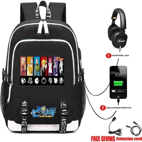 Anime The Seven Deadly Sins backpack nanatsu no taizai USB Charging Headphone jack Student Backpack Teenagers travel laptop bag