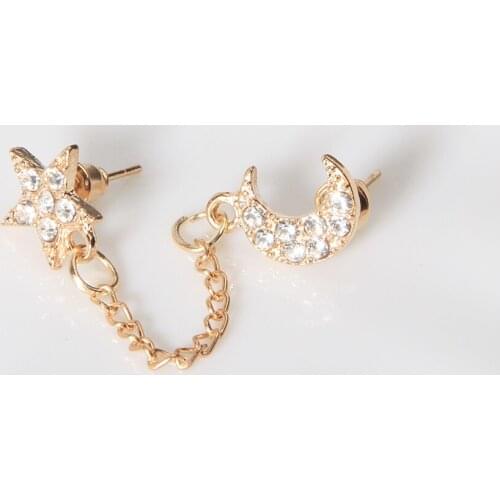 Star Moon Full Drilled Chain Earrings Single Ear Double Hole Stud Earrings Bridesmaid Gifts Bridal Set ERN 11261