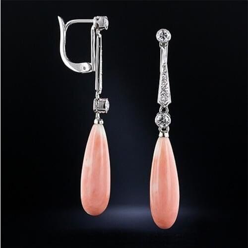 Bohemian Style Silver Natural Pink Coral Stone Dangle Hoop Earrings Bride Wedding Engagement Diamond Earrings Jewelry