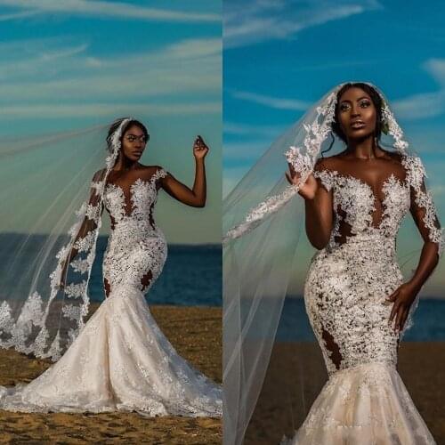 Luxury Cap Sleeves See Through Full Lace Appliques Beach Mermaid Wedding Dresses Sweep Train African Bridal Dresses Custom