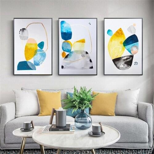 Modern Minimalist Hanging Wall Art Geometric Round Blue and Yellow Pattern Canvas Painting Home Decor Poster For Living Room Art