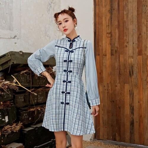 SWEETXUE Ladies Dress Tweed Patchwork Single-breasted Blue Plaid Mini A Word Sweet Lovely Dress Vestido de mujer