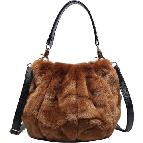 YYW Vintage Shoulder Bag Women Fashion Faux Fur Bucket Bag Handbag Ladies Drawstring Chain Shoulder Crossbody Bags Purses