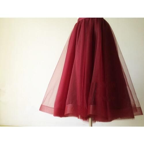 Faldas Mujer Burgundy Tea Length Tulle Skirts With Organza Edge Satin Zipper Waistband Christmas Skirt Women Female Custom Made