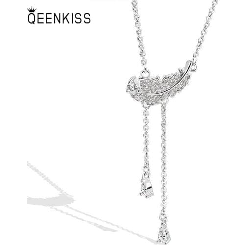 QUEENKISS NC637 Fion Jewelry Wholesale Fashion Lady Girl Birthday Wedding AAA Zircon Feather 18KT White Gold Pendant Necklace