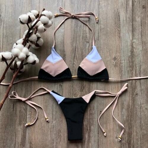 #Z2 2020 Biquinis Swimwear Women Bikini Set Patchwork Bandage Swimsuit Padded Halter Thong Bikinis Trkinis maillot de bain Femme