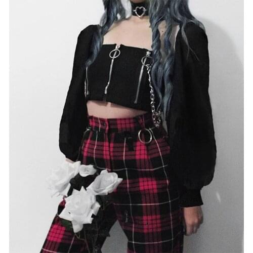 Goth Woman Tshirts Street Style Gothic Sequined Chainsolid Short White Off Shoulder Top Square Collar Long Sleeve Zipper Shirts