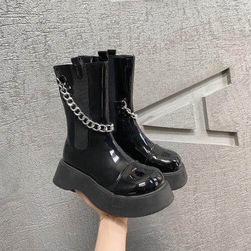 Spring Women Platform Boots Patent Leather Ankle Boots Female Chelsea Shoes Woman Thick Sole Punk Boots Beige Black Cute Shoes
