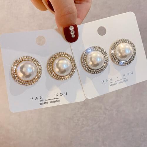 Gold&Silver Color Round Imitation Pearls Stud Earrings for Woman Luxury Crystal Earrings Female Beads Stud Earring