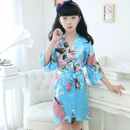 2018 New Kids Robe Satin Children Summer Kimono Bath Robes Bridesmaid Flower Girl Dress Silk Childrens Nightgown Peacock Robe