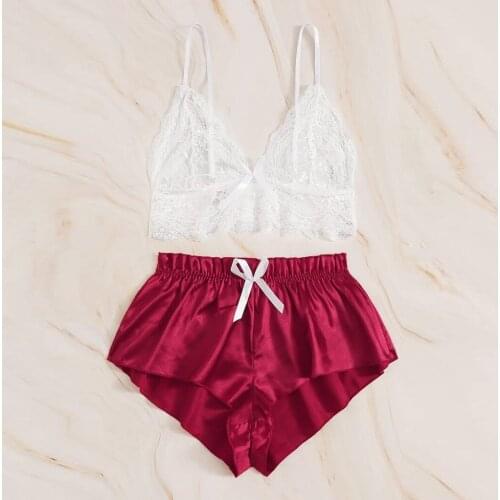 Women Lace Pajama Set Sexy Lingerie Sleeveless Crop Tops Satin Shorts Sleepwear Plus Size Female Pyjamas Sexy Babydoll Nightwear