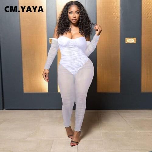 CM.YAYA Women Jumpsuit Mesh See-through Stacked Full Sleeve Strap V-neck Stretchy Skinny Pencil Jumpsuits Sexy Outfits Fall 2021