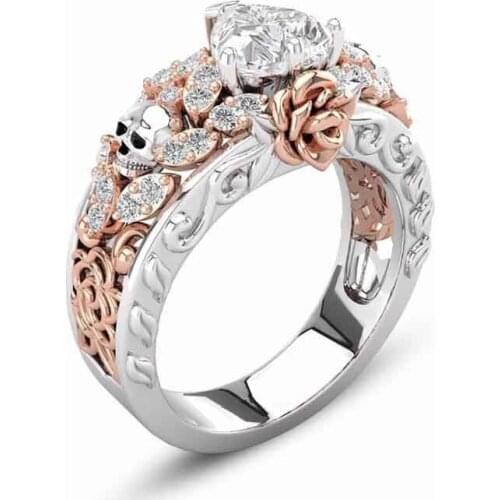 Vintage Gothic Devil Skull Rose Flower Heart Shape Personality Rings Women Fashion Engagement Shiny Crystal Ring Jewelry Gifts
