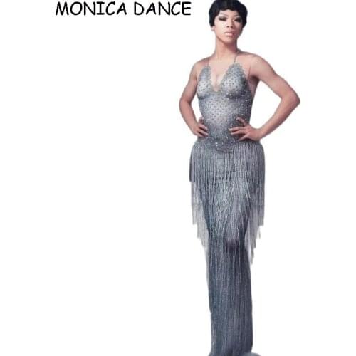 Women Sexy Sleeveless Nightclub Evening Party Celebration Rhinestone Tassel Long Dress Singer Fringes Dress Sexy Stage Costumes