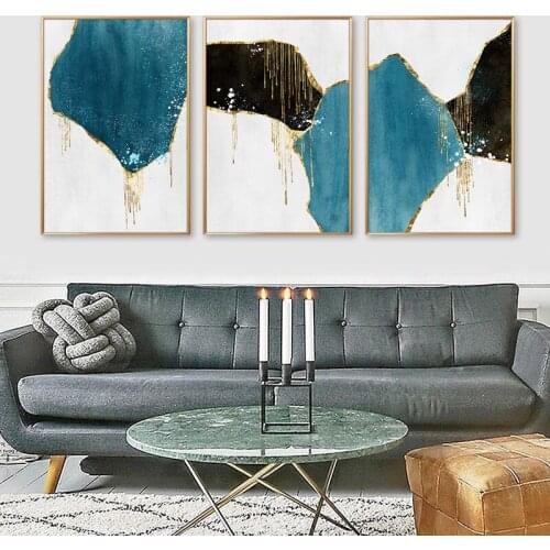 Abstract Blue Golden Marble Canvas Painting Nordic Geometric Line Wall Art Poster Print Morden Fashion Living Room Home Decor