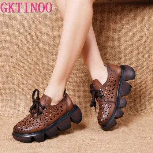 GKTINOO 2021 Comfortable Genuine Leather Womens Sandals Thick-soled Platform Wedge Heel Short Shoes Round Toe