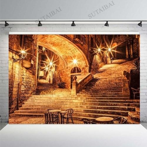 Ancient Street City Night Scene Photo Background Vinyl Brick Wall Ladder Brilliant Lighting Photographic Photo Backdrops Studio