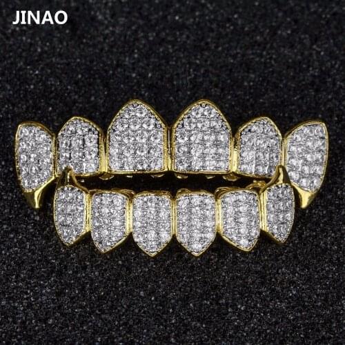 JINAO Pure GOLD Color & SILVER-Plated HiP Hop Grillz Micro Pave CZ Gold Fang Top & Bottom GRILLZ Mouth Teeth Grills Vampire Set