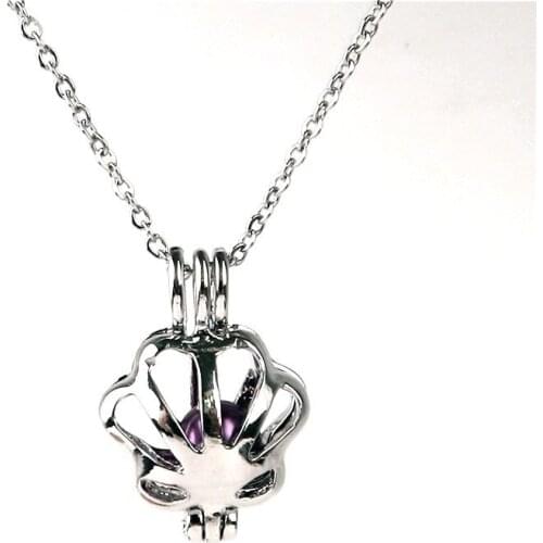 K1623 Silver copper Small shell seaside Bead Pearl Cage Aroma Essential Oil Diffuser Locket women Necklace stainless steel chain