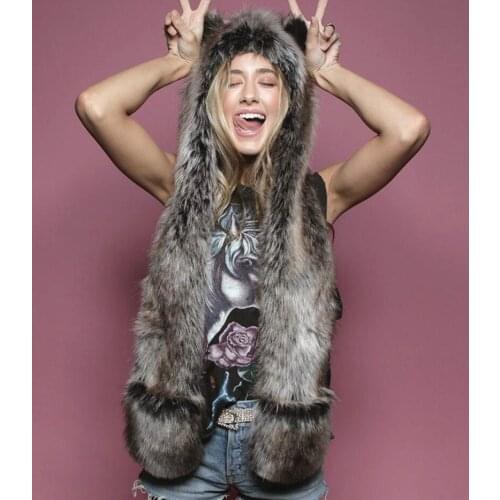 Faux Fur Hood Animal Hat Ear Flaps Hand Pockets 3in1 Animal Hood Hat Wolf Plush Warm Animal Cap with Scarf Gloves Costume