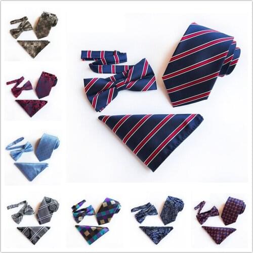 3 Pcs Fashion Male Formal Ties Set Bowtie Hanky Necktie Sets Dark Blue with Red Flowers