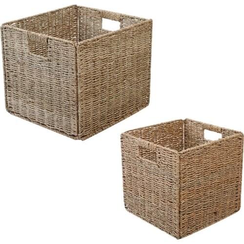 HOT Woven Seagrass Farmhouse Kitchen Storage Organizer Basket Bin With Handles For Cabinets,Pantry,Bathroom,Laundry Room