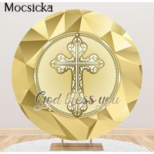 Mocsicka Gold God Bless Backdrop First Communion Baptism Christening Baby Shower Decorations Background Round Circle Cover