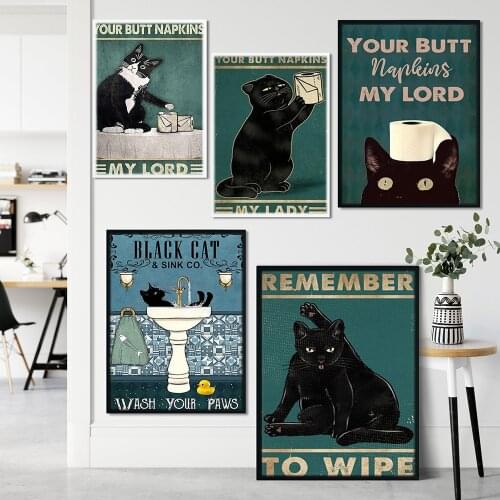 Mental Black Cat Poster Your Butt Napkins My Lord Art Print Vintage Hello Sweet Cheeks Funny Bathroom Canvas Painting Home Decor