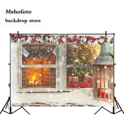 Neoback Christmas Backdrop for Photography Fireplace and Chirstmas Tree Background for Photo Studio Red Sock Wood Wall Photocall