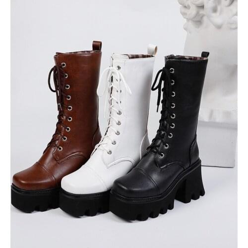 YMECHIC 2020 Winter Autumn Womens Punk Gothic Platform Shoes Chunky High Heels Mid Calf Long Lace Up Military Combat Boots White
