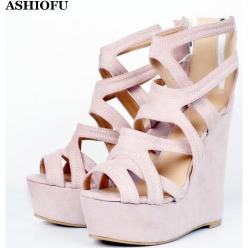 ASHIOFU Handmade Womens Wadge Heel Sandals Cross-straps Peep-toe Wedding Party Dress Shoes Evening Club Fashion Sandals Shoes