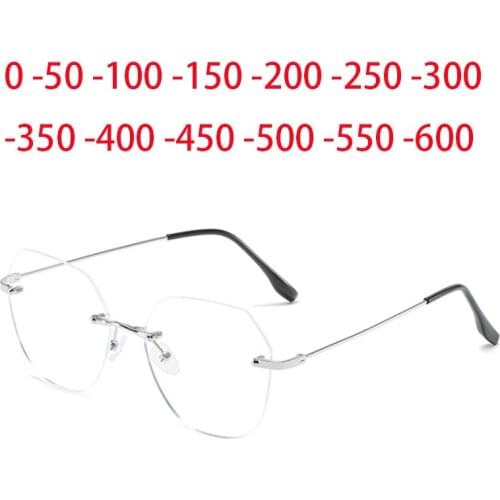 Rimless Finished Myopia Glasses Women Metal Polygon Eyeglasses Prescription Elegant Shortsighted Eyewear -0.5 1.0 to 4.0
