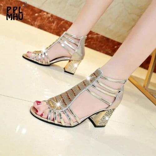 High Quality Golden Rhinestone Womens Sandals Fashion Hollowed Out Peep Toe Comfort Non-Slip Gladiator Shoes Elegant High Heels