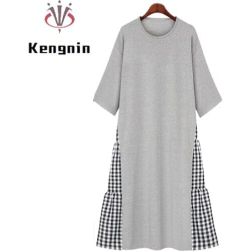 European Style Summer Dresses New Short Sleeve Plaid Patchwork Ladies T-Shirt Dress Loose Oversized Spliced O-Neck Robe KE1313