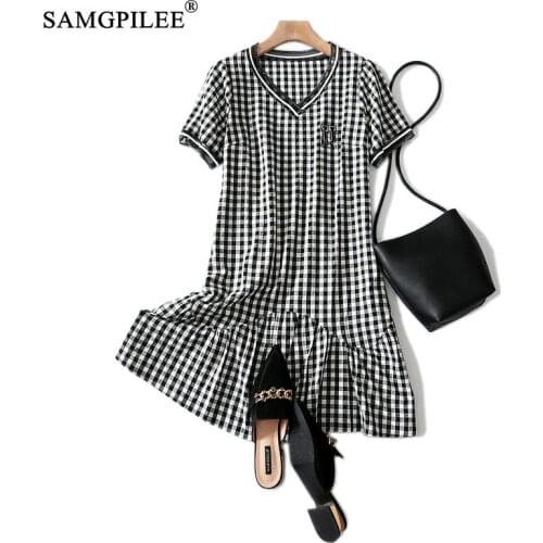 Elegant Dresses For Women 2021 New Trumpet Mermaid Plaid Womens Dress Short Sleeve Korean Style V-neck Summer Clothes For Woman