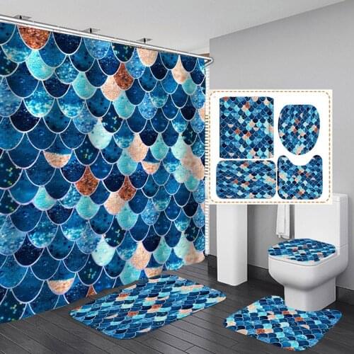 4 PCS Blue Fish Scales Shower Curtains Set Soft Comfortable Toilet Non-slip Bathroom Mat Fish Scale Pattern Shower Curtain