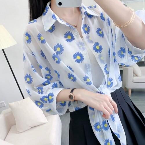 #8261 Summer Floral Printed Chiffon Shirt Women Half Sleeve Asymmetrical See Through Shirt Femme Sunscreen Shirt Ladies Sexy