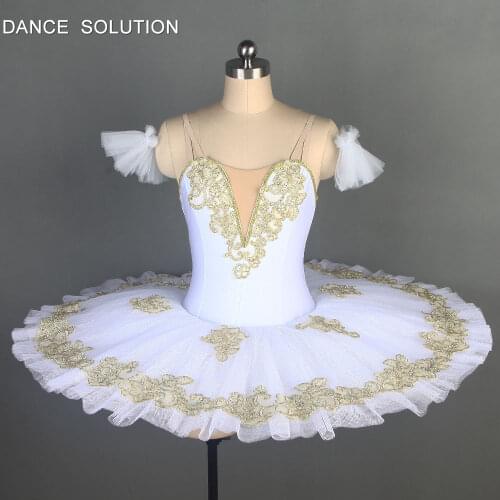 White Stretch Spandex Top with Gold Trim Pre-professional Pancake Tutu Women & Girl Dance Ballet Costume Standard Dress BLL100