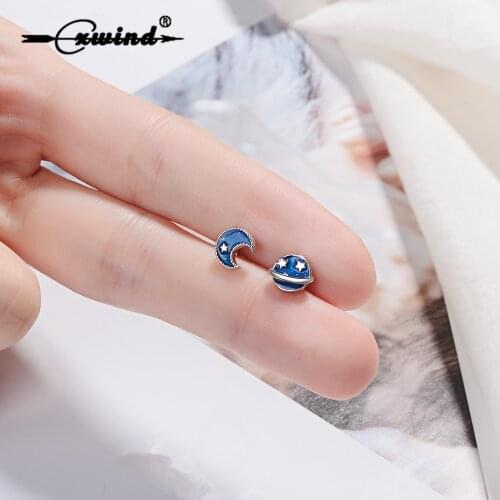 Cxwind Fashion Blue Universe Moon Star Asymmetric Stud Earrings For Girl Student Love Science Gift Earring Jewelry femme 2019