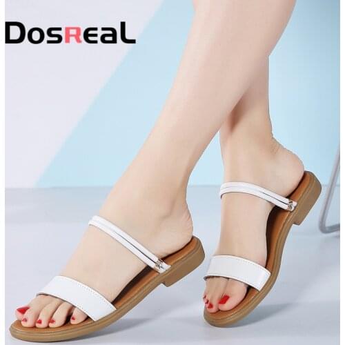 Dosreal Women Sandals Black Flats Shoes Ladies Outdoor Fashion Shoes Leather Casual Sandals Low Heel Gladiator Sandals