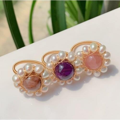 Elegant Natural Freshwater Pearl Rings for Women Wedding Jewelry Open Cuff Wire Wrapped Flower Real Amethysts Pink Crystal Rings