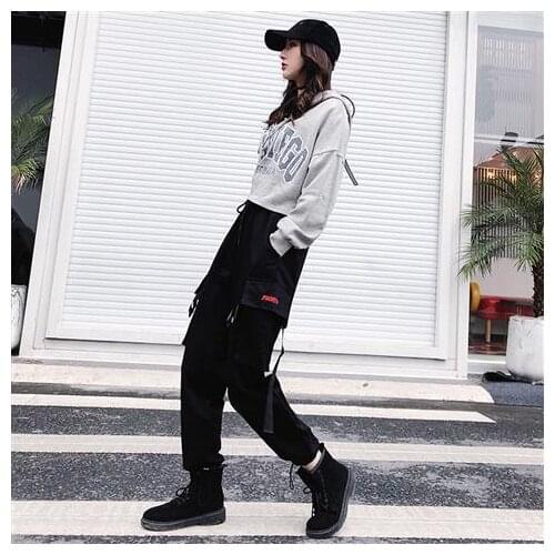 Harajuku Casual Black Cargo Pants Women Elastic Pants Streetwear Korean Sweatpants jogger size cargo