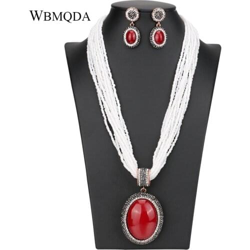 2Pcs/lot Luxury African Handmade Beads Jewelry Sets Vintage Big Stone Statement Pendant Necklace Earings For Women Free Shipping